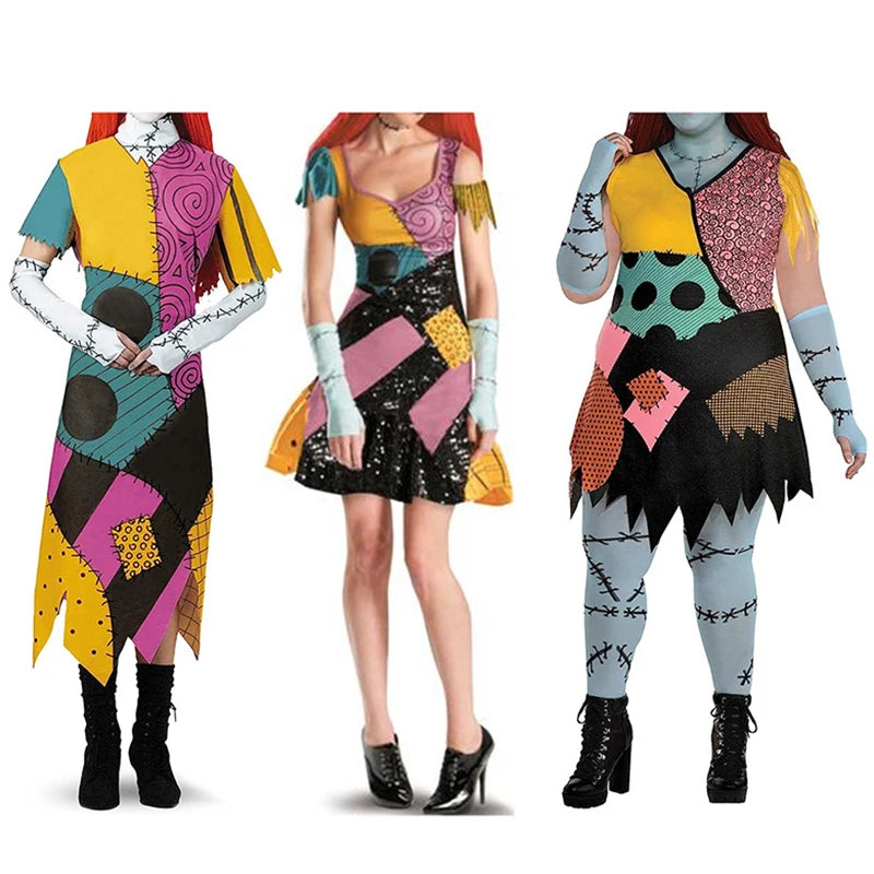 Three variations of Nightmare Before Christmas Sally cosplay costume featuring colorful patchwork designs