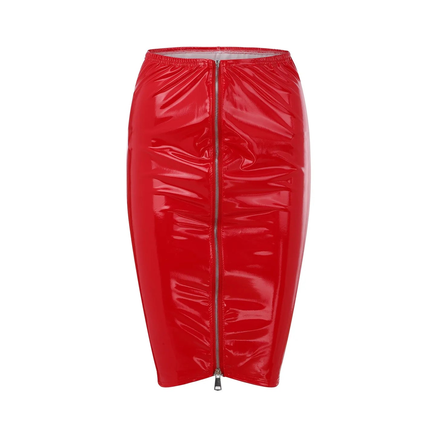 Skirt Women Plus Size Knee Length Shiny Pu Leather High Waist Skirt Tight Hip Pack Zipper Slit Skirt Elastic Faldas Largas