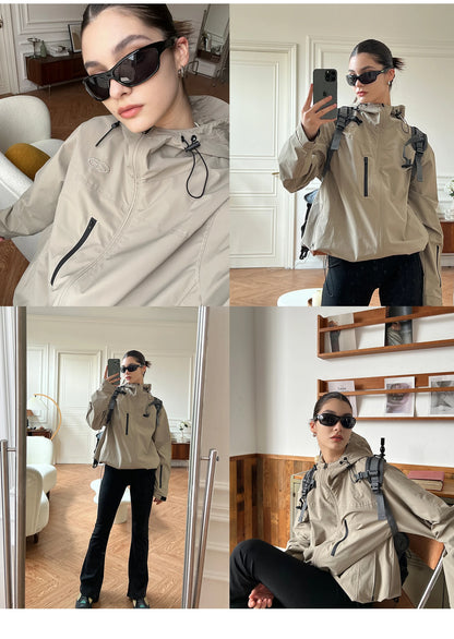 Autumn Outdoor Jacket Women Vintage Hooded Windbreaker Ladies Casual Loose Zipper Jackets Female Neutral Style Sporty Coat