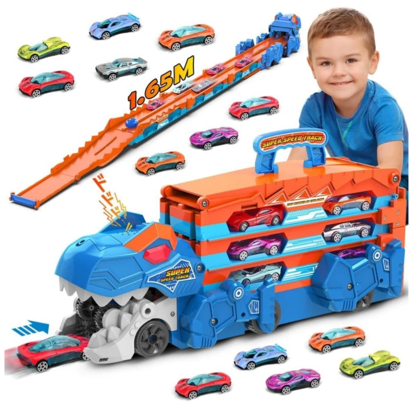 VATOS Dinosaur Transport Truck Car Toy 2 In 1 Ejection Folding Track Toy With Sound Portable 8 Race Cars Set for Kids Boys Gift
