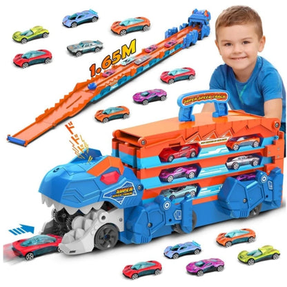VATOS Dinosaur Transport Truck Car Toy 2 In 1 Ejection Folding Track Toy With Sound Portable 8 Race Cars Set for Kids Boys Gift