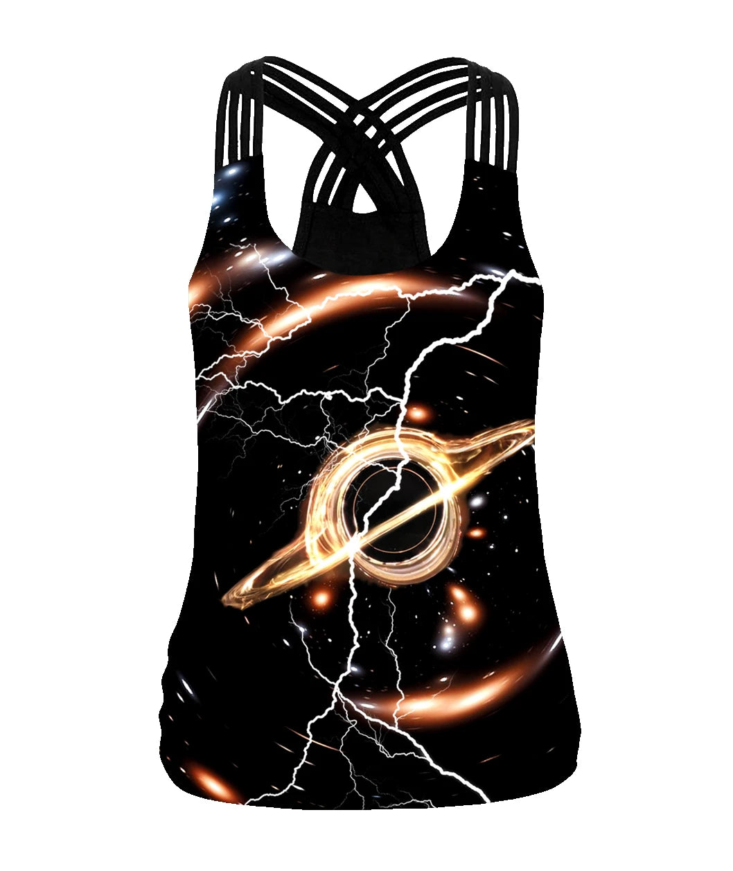 EtherealBe Halloween graphic workout tank tops for women featuring a cosmic design with a black hole and lightning