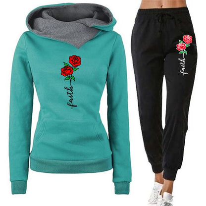 Autumn Women Winter 2-Piece Printed Hoodie Pants Sportswear Sports Suit Hooded Sweatshirt Suit Women Jogging Calas Cargo Femina