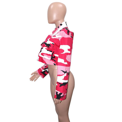 Women's Clothes Coats Casual Fashion Camouflage Print Large Pocket Lapel Long Sleeve Short Jacket for Women