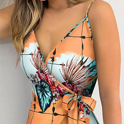 2023 New Sexy Suspender Dress Women Fashion Floral Printing Sleeveless V Neck Robe Summer Boho Tie Waist Dress Formal Dresses