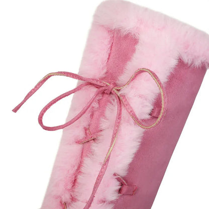 8CM Chunk Heels Winter Warm Knee High Boots Women Snow Short Plush Platform Boots Faux Fur Cosplay Lace-up Long Shoes Size 34-43