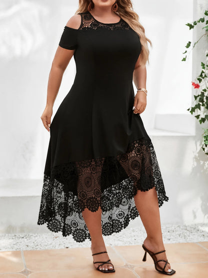 Plus Size Women' Solid Elegant Lace Spliced Cold Shoulder Midi Dress Summer Ladies Banquet Party Cocktail Sundress Size 0XL-5XL