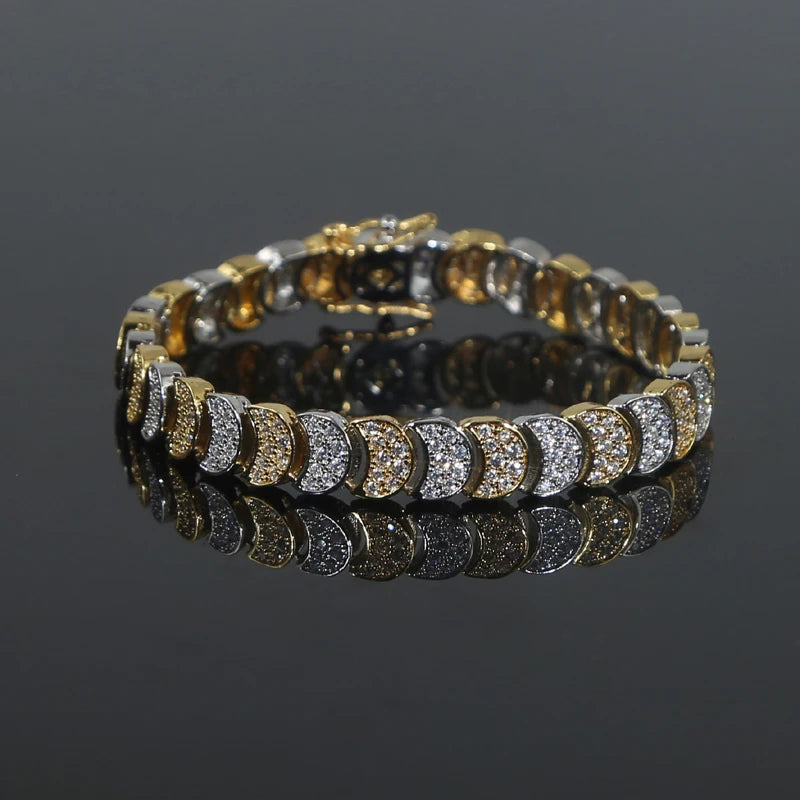 Two Tone Gold Color Paved 5A Cubic Zirconia CZ Moon Shaped Charm Link Chain Fashion Women Bracelet 2025 Gift