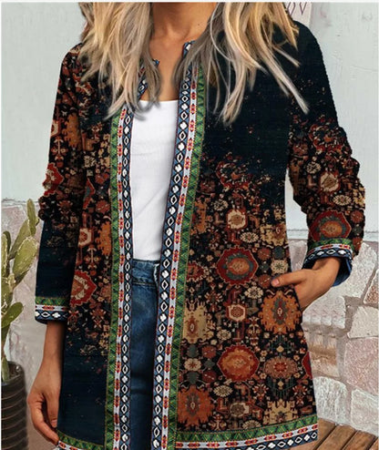 Autumn Winter Fashion Colorful Boho Floral Print Open Front Cardigan Casual Loose Long Sleeve Lightweight Jacket With Pockets