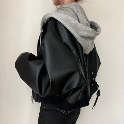 EtherealBe women's faux leather hooded jacket with stylish oversized sleeves and a comfy gray hood