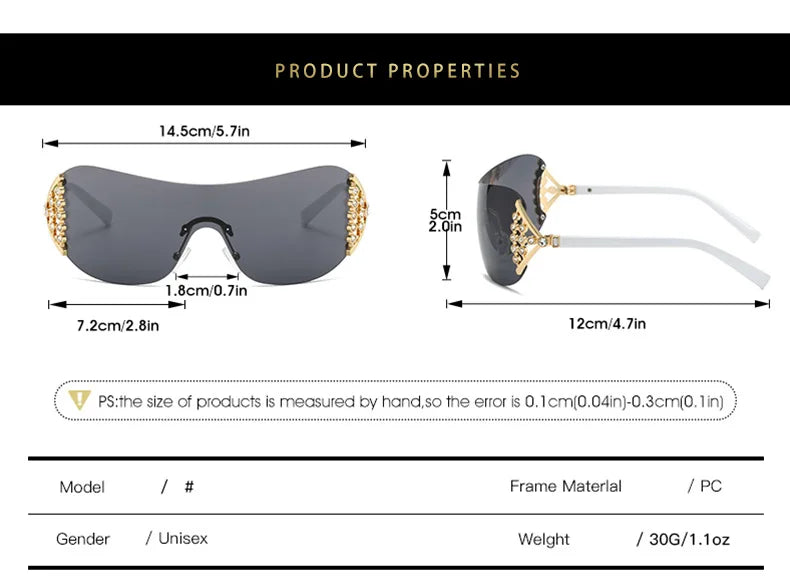 Luxury One-Piece Rimless Sunglasses Oversized Diamond Brand Designer Sun Glasses for Women Steampunk Eyewear UV400 Oculos De Sol