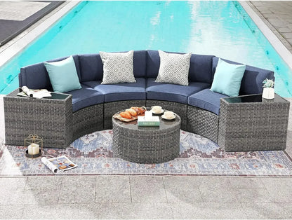 Outdoor Patio Furniture Sectional 7-Piece Half-Moon Curved Outdoor Sofa Set with Round Coffee Table,4 Pillows & Waterproof Cover