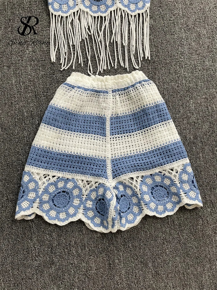 EtherealBe halter tassel tank top and shorts outfit with crochet design in blue and white colors