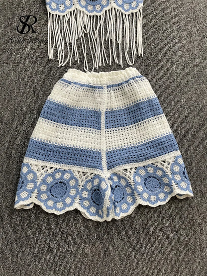 EtherealBe halter tassel tank top and shorts outfit with crochet design in blue and white colors