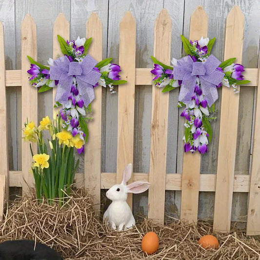 Purple tulip cross wall hanging decorated with vibrant flowers and a ribbon, perfect for spring decor