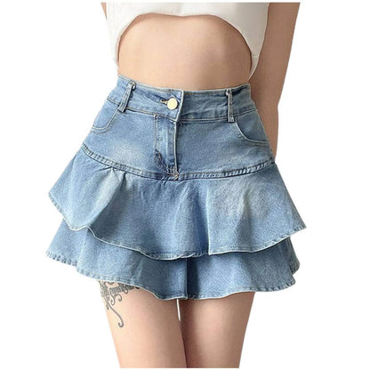 Y2k Skirt Women Ruffles Double Layer High Waisted Light Blue Denim Skirt JK Uniforms Irregular Curved Streetwear Korean Skirt