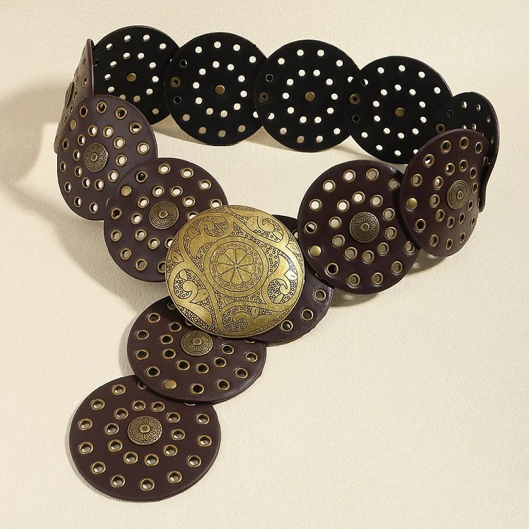 Women's Western Denim Belt High Quality Metal Hollow Ladies Trend Wide Waistband Vintage Personalized Round Belts DT148