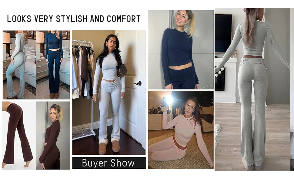 Casual Workout Two Piece Outfits Long Sleeve High Waist Fold-over Flare Flared Leggings Pants Tracksuit Sets Streetwear