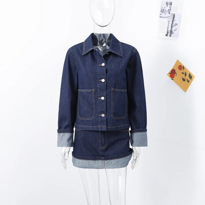 Denim Skirt Women Set Casual Long Sleeve Lapel Pocket Button Jacket Pleated Min Skirts 2025 Spring Summer Lady Suit