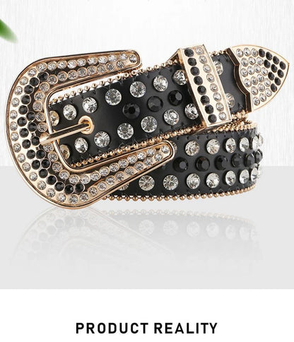 Luxury Designer Belts For Women With Gems Studded Waistband Gothic Black Western Style Fashion Buckle Pin Belt Female Hip Hop