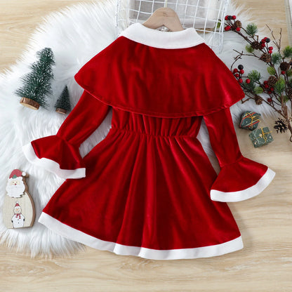 Kids Cosplay Christmas Dresses For Girls 2pcs Sets Christmas Cloak Red Velvet Dress New Year Children Costume Baby Party Dresses