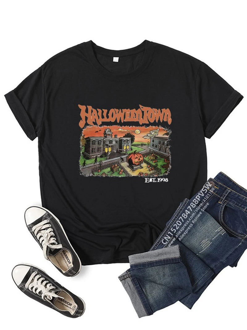 Black Halloween graphic t-shirt for women featuring a spooky Halloweentown design