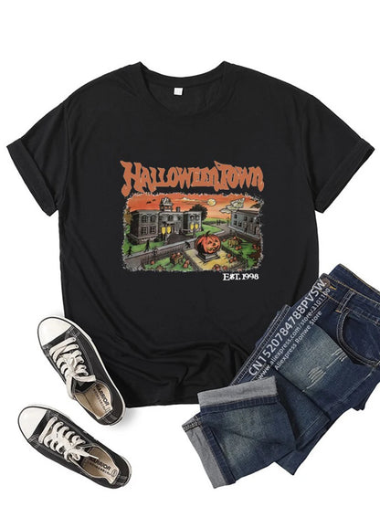 Black Halloween graphic t-shirt for women featuring a spooky Halloweentown design