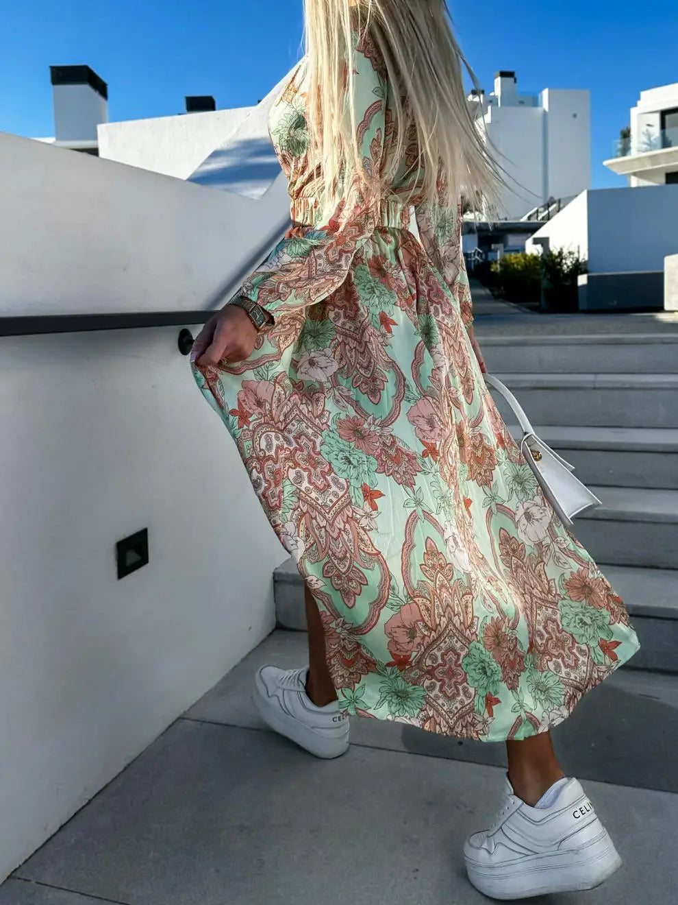 Autumn Women Floral Print Long Dress Elegant Sexy Deep V-Neck High Split Belted Dress Female Vintage Boho Long Sleeve Party Robe