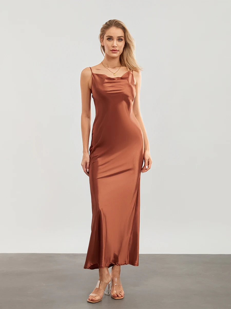 wsevypo Elegant Spaghetti Straps Satin Long Dress Solid Color Sleeveless Cowl Neck Wrap Party Dress Summer Backless Cami Dress