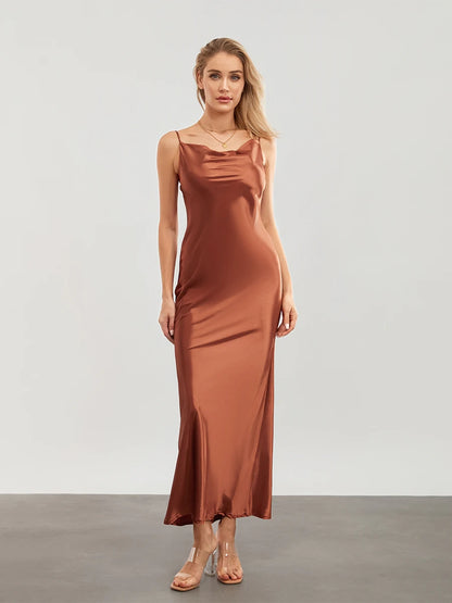 wsevypo Elegant Spaghetti Straps Satin Long Dress Solid Color Sleeveless Cowl Neck Wrap Party Dress Summer Backless Cami Dress