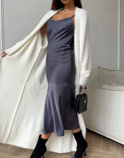 Autumn Elegant Women Fuzzy Knit Long Cardigan Fashion Casual All White Simple Coat 2025 Holiday Work Female Knitwear Overcoat