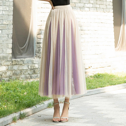 Women Color Block A-line Skirt Mid Length Drape Feeling High Waist Slim Mesh Skirts Carnival Festival Party Performance Costume