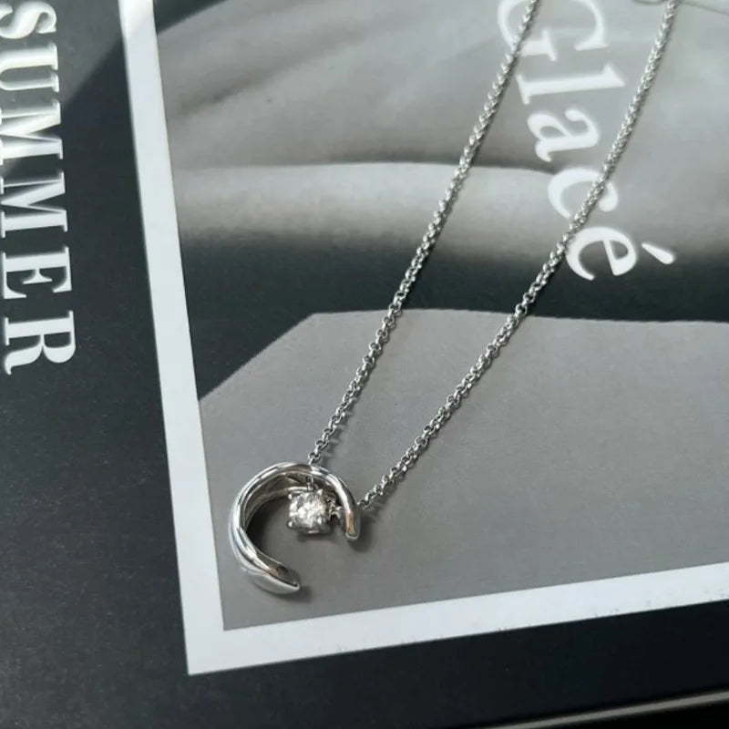 Minimalist Zircon Crystal Moon Pendant Necklace for Women Gold Color Clavicle Chain Charm Delicate Jewelry