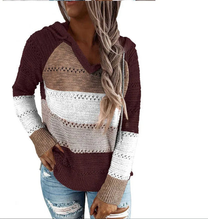 Women Patchwork Hooded Sweater Casual Long Sleeve Knitted Sweater Top Striped Elegant Pullover Jumpers Autumn Winter Plus Size