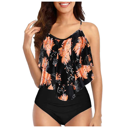 Chic Elegant Bikini Summer Multi-Layer Ruffled Edge Folds Crew Neck Sling Swimwear High Waist Thong Separate Two-Piece Swimsuit