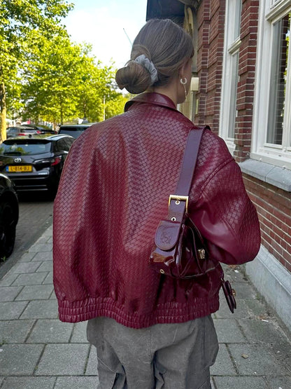 Dulzura 2025 Autumn Fashion Casual Turn-Down Collar Long Sleeve Zipper Slim Woven Leather Jacket Party Club Street Style Clothes