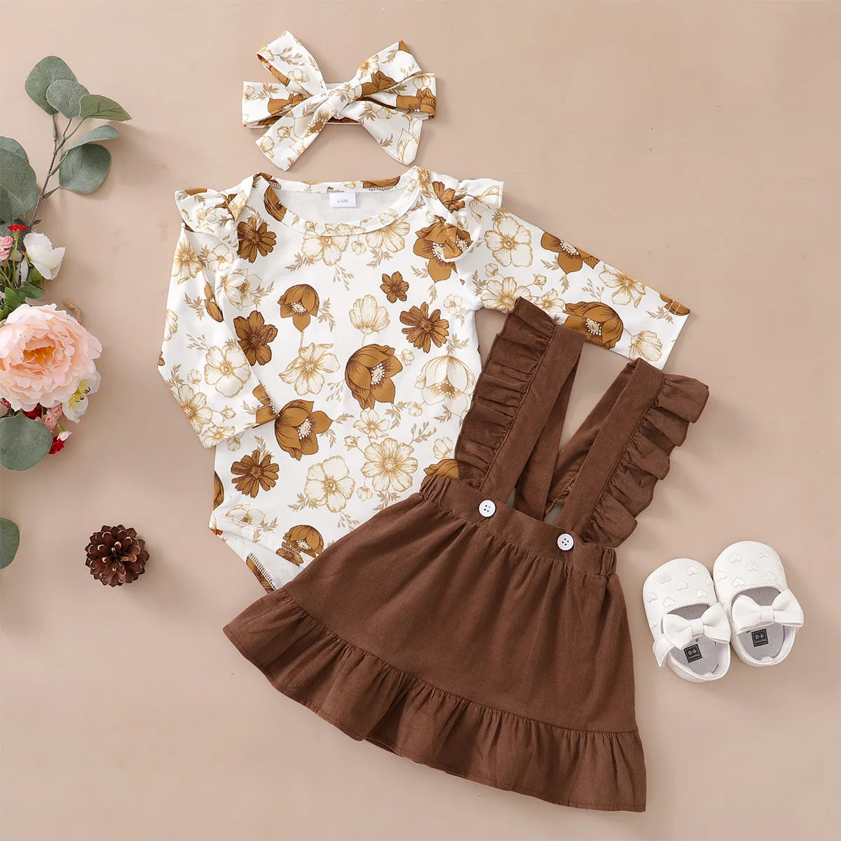 0-12 Months Newborn Baby Girl Set Beautiful Camellia Top+Suspender Skirt+Headband 3pcs Baby Girl Spring and Autumn Fashion Set