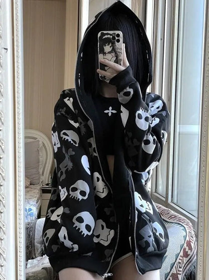 AltGoth Cyberpunk Y2k Sweatshirt Women Mall Goth Harajuku Skull Printed Long Sleeve Zipper Cardigan Hoodie Emo Alt Indie Clothes