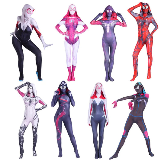 EtherealBe Gwen Stacy cosplay costume for women featuring various designs and vibrant colors