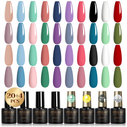 ROSALIND 24PCS Gel Nail Polish Set with Base and Top Coat Soak Off Nail Gel Kit Long Lasting