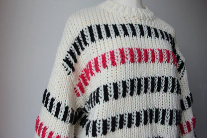 Women Multi Color Striped Thick Casual Round-neck Sweater Chunky Jumper Bold Black & Pink Stripes Winter Niche Design Knit Top