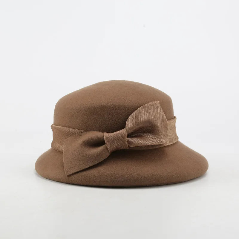 FS Fashion Warm Wool Felt Women's Fedoras Simple Chic Hats Bowknot Bucket Cap Ladies Top Hat Vintage Caps For Women