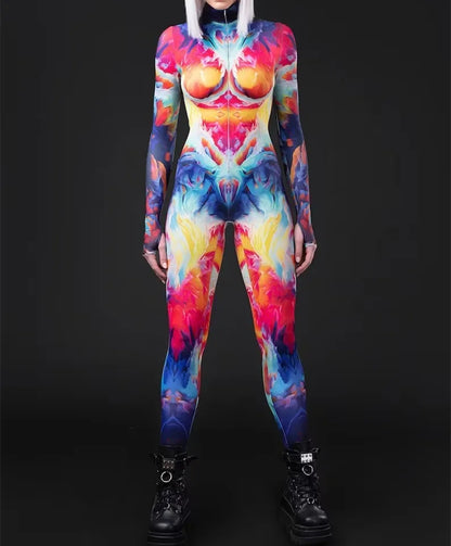 Cosplay Costume Female Woman Sexy Suit Color Element Blue Muscle Halloween Bodysuit Adults High-waisted Sports Jumpsuit