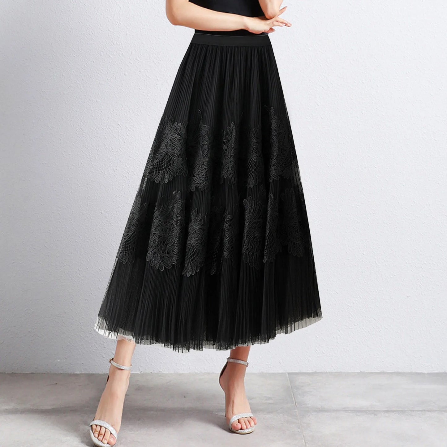 Women Mid Length Skirts Dance Party A Line High Waisted Lace Tulle Skirt Pleated Mesh Half Skirts Holiday Party Costumes