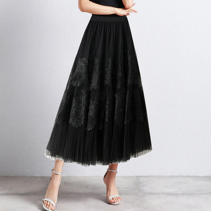 Women Mid Length Skirts Dance Party A Line High Waisted Lace Tulle Skirt Pleated Mesh Half Skirts Holiday Party Costumes