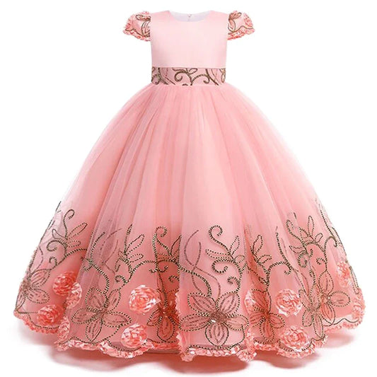 Girls sequin children's gown with embroidered bow and lacing