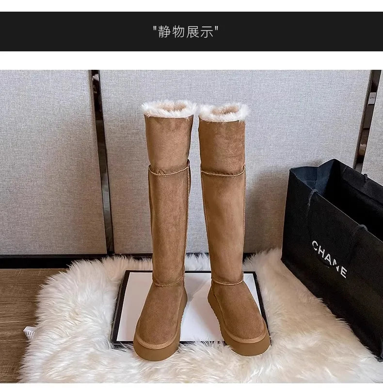 Turned-over Edge Knee-high Snow Boots Flat with Slip-on Ladies Shoes 2024 High Quality Round Toe Mid Heel Concise Women's Boots