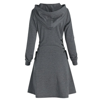 Autumn Women's Hooded Dress Casual Fashion Hoodie Dresses Long Sleeved Side Lace Up Slim Fit Short Dress Solid Color Dress