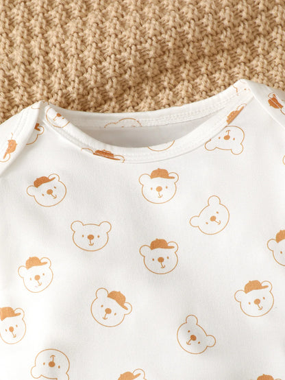 2PCS Infant Baby Boy Clothes Set Cute Bear Head Print Long Sleeve Bodysuit+Strap Spring&Autumn Suit for Toddler Boy 0-2 Years