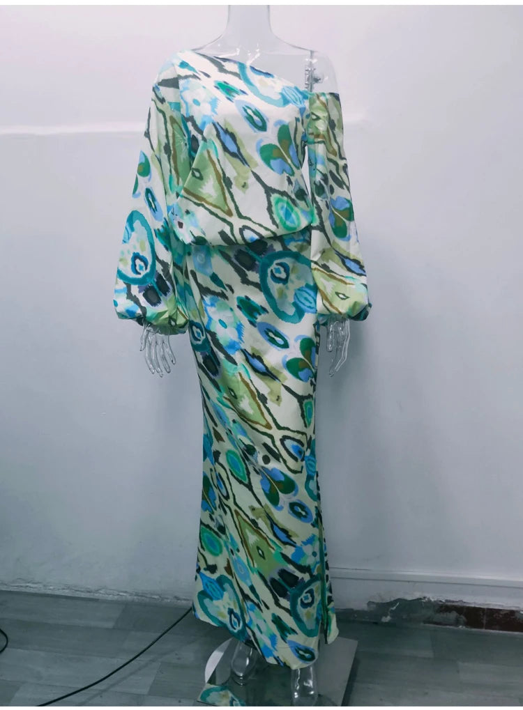 Autumn Casual Loose Print Two-piece Women Off Shoulder T-shirt Asymmetrical Long Sleeved Top And Half Body Fishtail Skirt Set